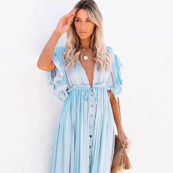 Boho Summer Front Button Flutter Sleeve Lounge Beach Coverup/Maxi Dress NEW - Picture 3 of 11